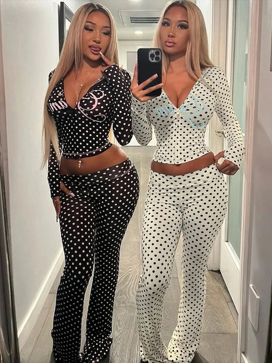Weird Puss Polka Dot Letter Print 2 Piece Set Woman Tracksuit Trend Sexy Hooded Jacket+Pants Skinny Stretch Matching Streetwear