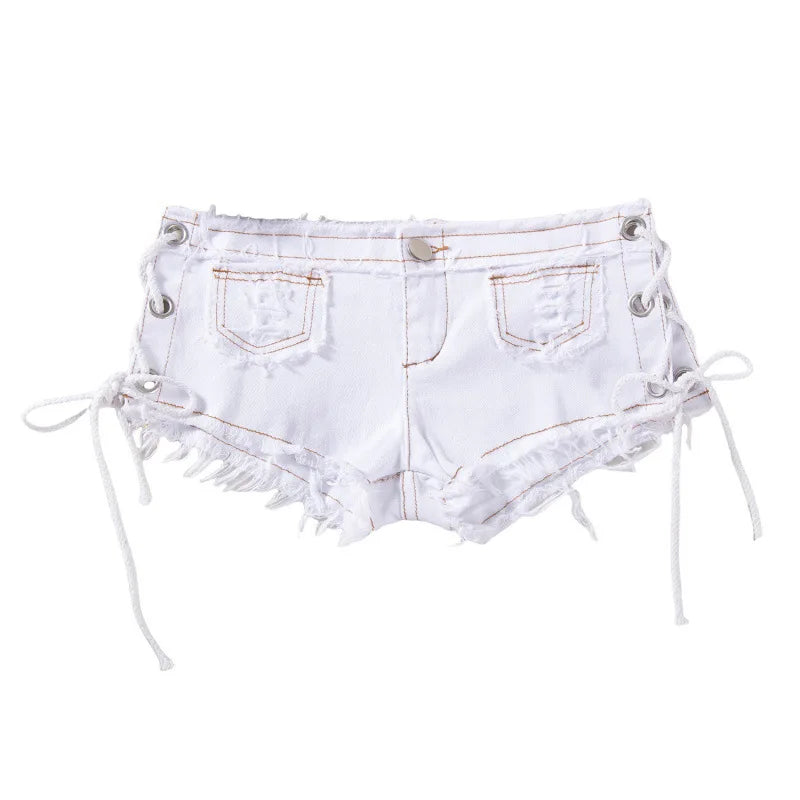 Women's Y2K Low Rise Denim Micro Shorts Lace-Up Side Frayed Booty Shorts for Rave Party Nightclub
