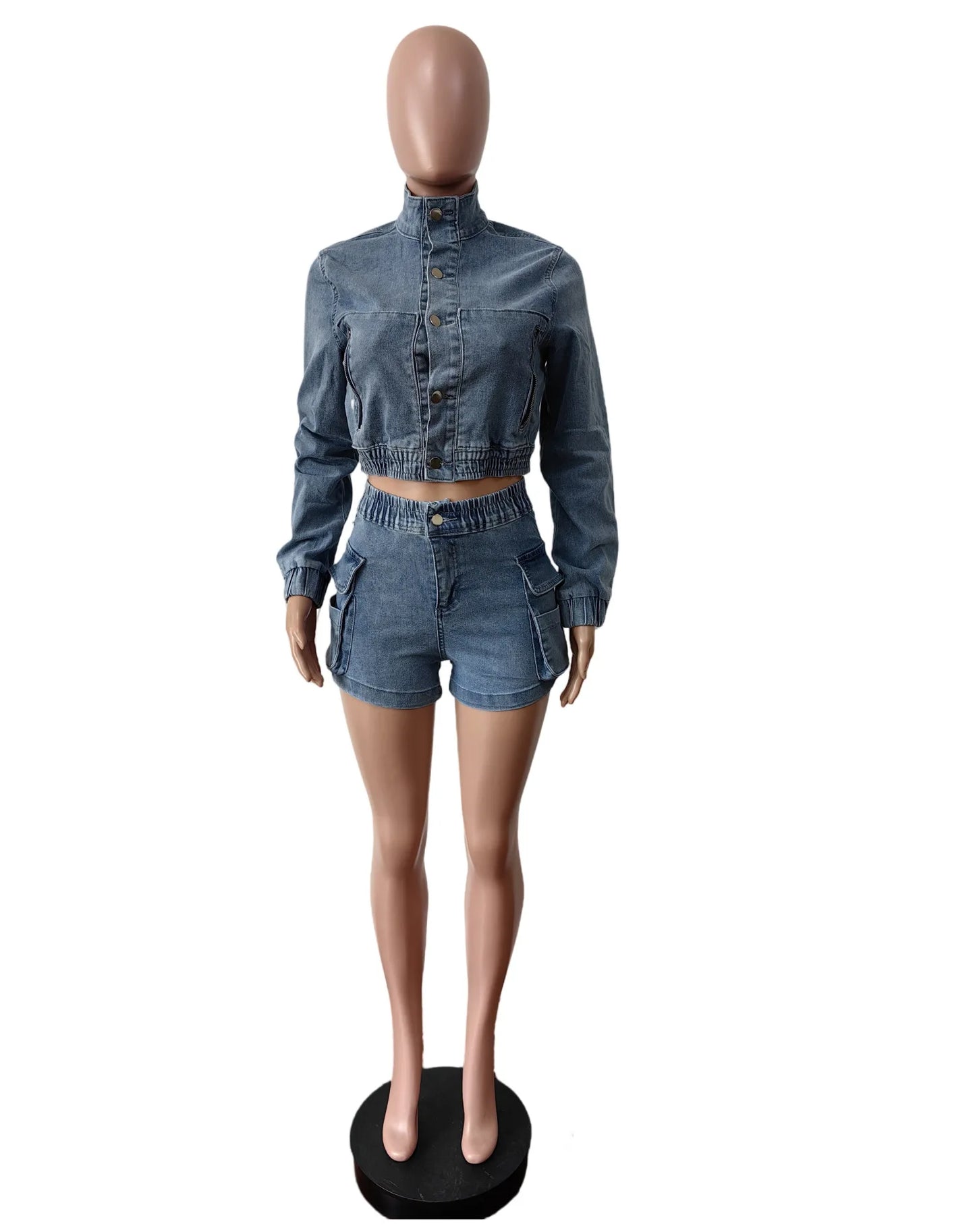 HLJ&GG Blue Fashion jeans Pocket Cargo Shorts Two Piece Sets Women Zipper Long Sleeve Crop Top And Shorts Outfits Cowboy Suits