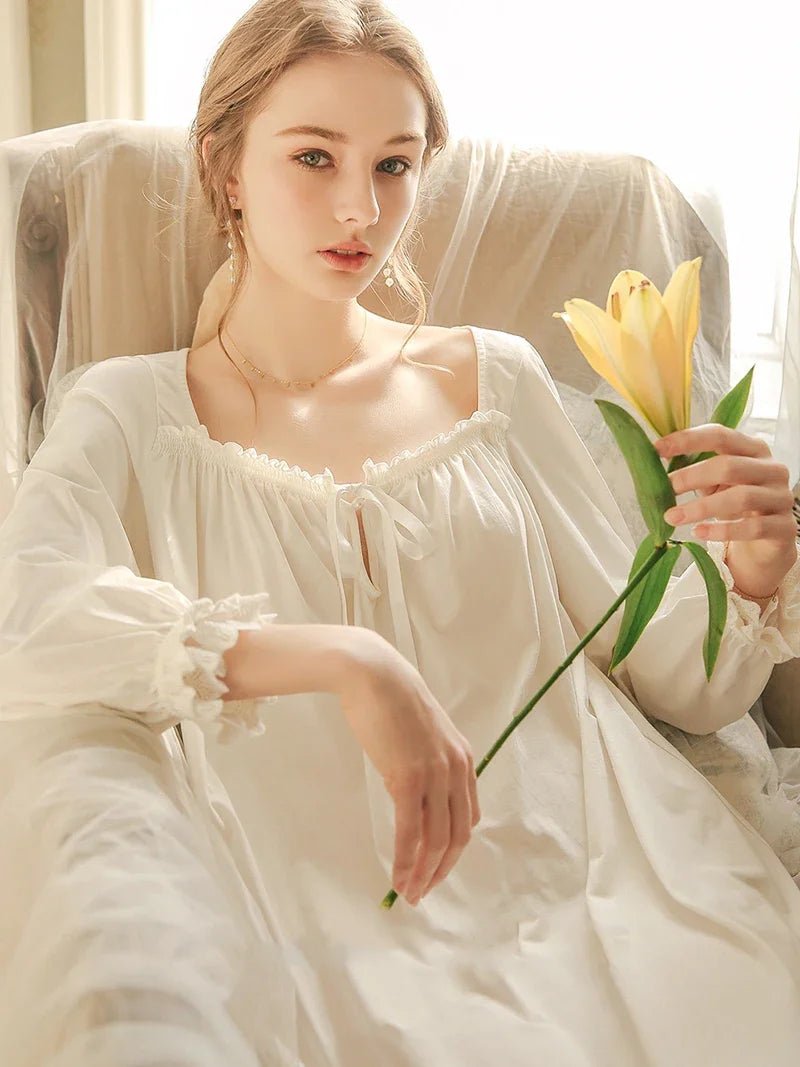 Women Cotton Spring Nightgowns Vintage Princess Nightdress Long Sleeve Loose Pajama Dress Ruffles Lace-up Victorian Sleepwear