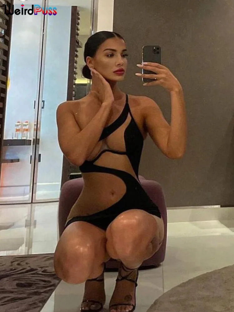 Weird Puss 2022 Mesh Patchwork Sexy Dress Women Sleeveless One Shoulder Skinny Summer Vacation Birthday Party Clubwear Bodycon