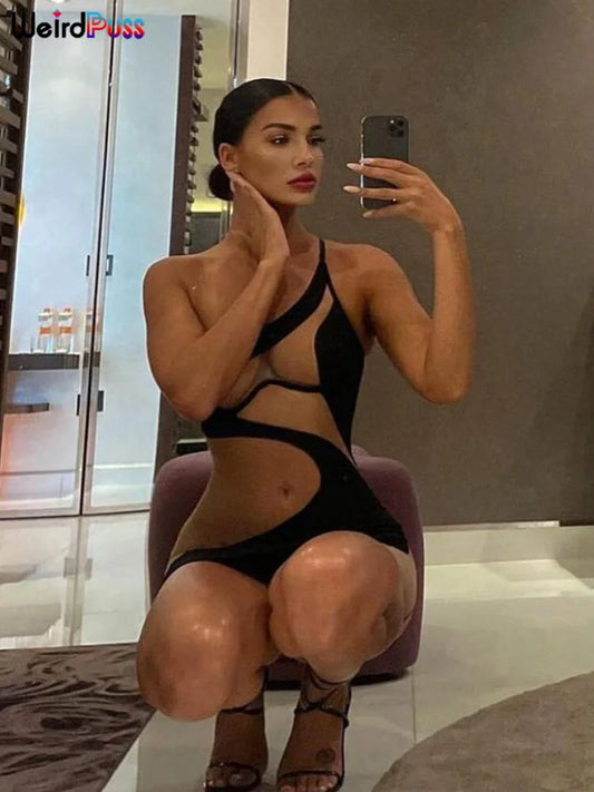 Weird Puss 2022 Mesh Patchwork Sexy Dress Women Sleeveless One Shoulder Skinny Summer Vacation Birthday Party Clubwear Bodycon