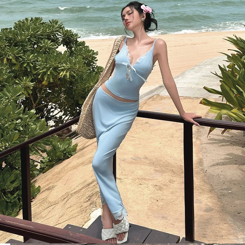 Y2k Matching Suit Women’s 2 Piece Summer Outfits Lace Trim Sleeveless Tie Front Cami Crop Tops and Long Maxi Skirt Set Beachwear