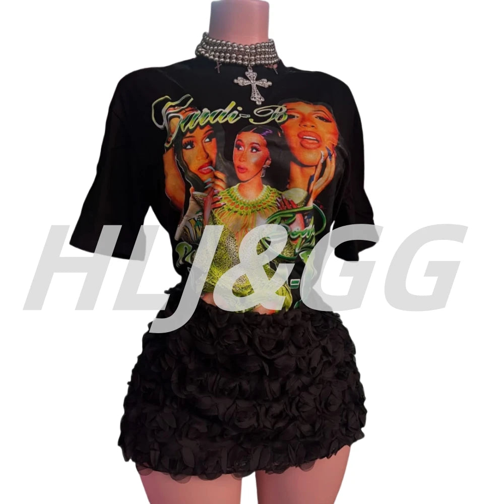 HLJ&GG Fashion Pattern Print Loose Tshirts Two Piece Sets Women O Neck Short Sleeve Top + Fur Mini Skirts Outfits Y2K Streetwear
