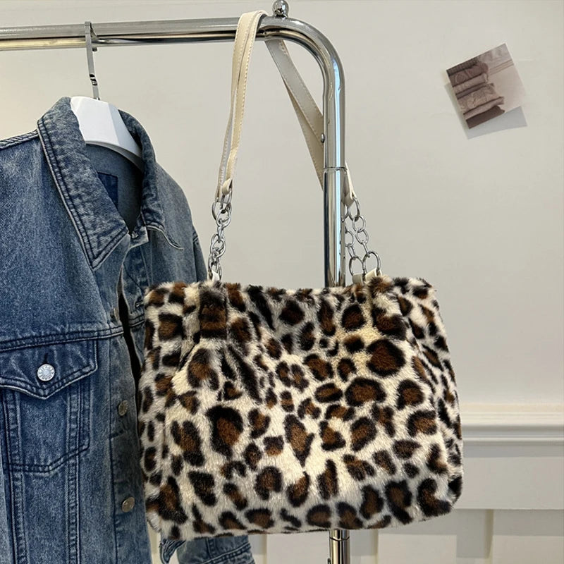 National Style Simple Women Leopard Tote Bag Lady Luxury Fluffy Shoulder Bag Chain Large Capacity Commuter Handle Bag