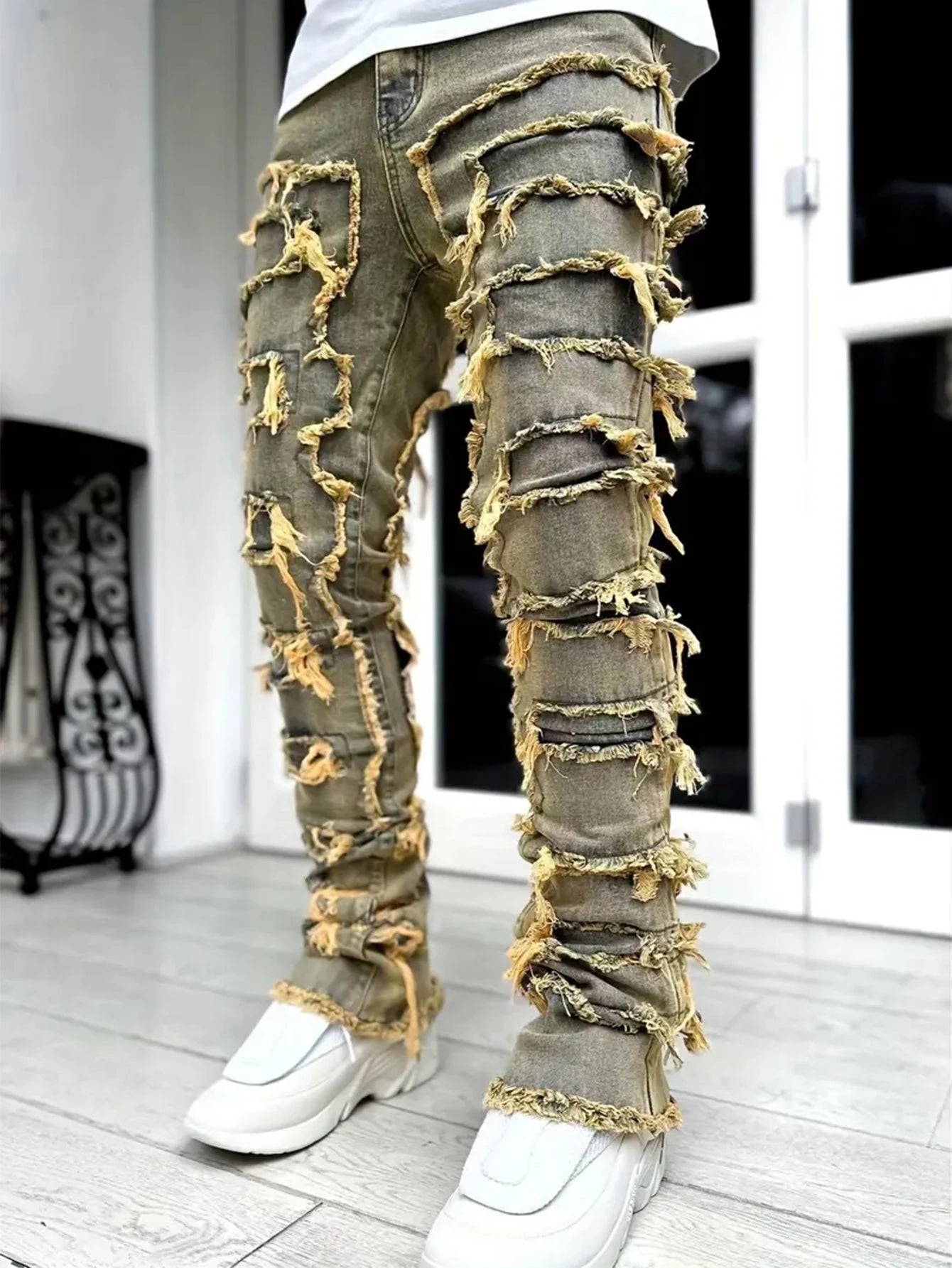 Casual Distressed Men's Jeans Tassels Patchwork Design Vintage Washed Stretch Denim Pants Straight Fashion Streetwear Trousers