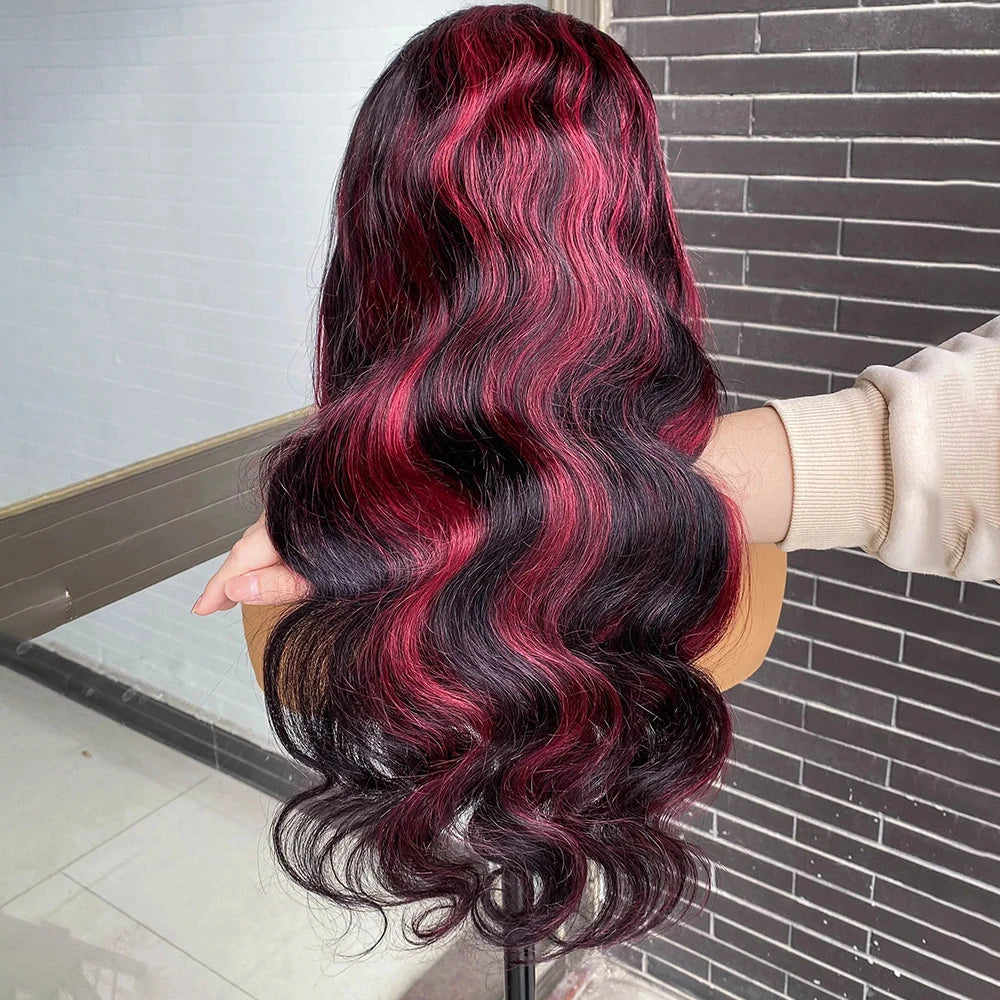 1B/99J Omber Black With Red 5x5 Highlight Lace Front Closure Body Wave Glueless Wigs Human Hair Brazilian Burgundy Colored Wigs