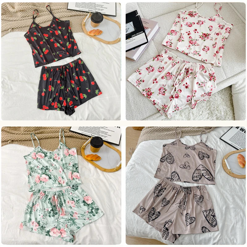 Women's Summer Printed Cami Sleeveless Top and Shorts Pajama Sets Female Soft Breathbale Nightwear Adjustable Belt Sleepwear New
