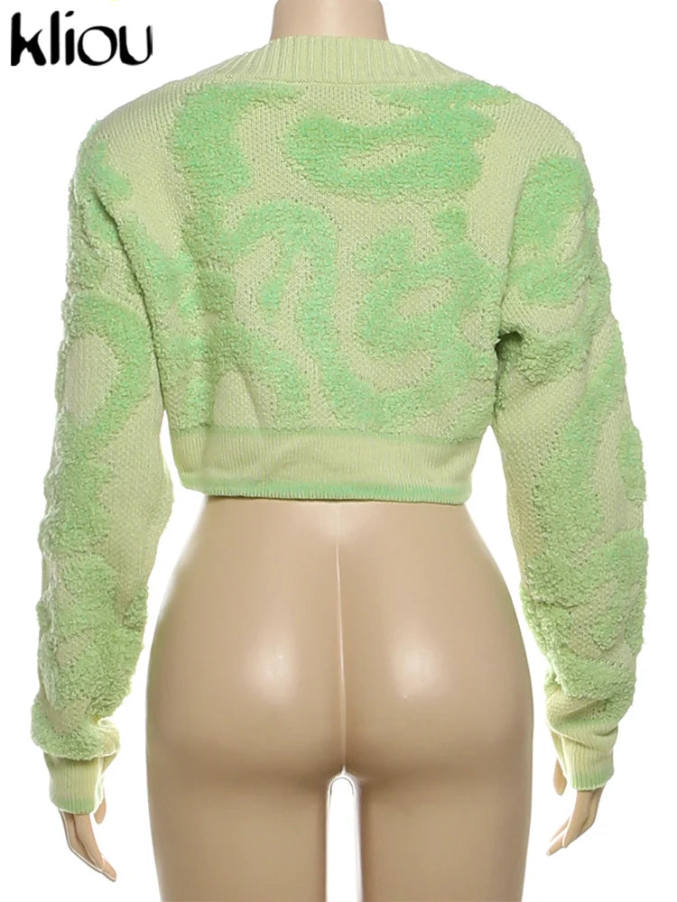 Kliou Knit Coats ladies Autumn New Full Sleeve Breasted Buttons V-neck Ruched Sweather Outwear Bare Midriff Street Tops