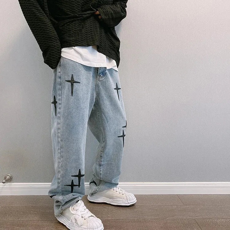 Boyfriend Vintage Fashion Straight Casual Loose Denim Cargo Pants Men Designer Prints Star denim pants Streetwear Loose Wide Leg Jeans