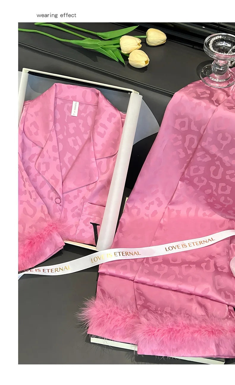 Female 2PCS Pajamas Set Spring Autumn Feathers Long Sleeve Trouser Suits Sleepwear Fashion Sexy Rayon Hot Pink Leopard Homewear