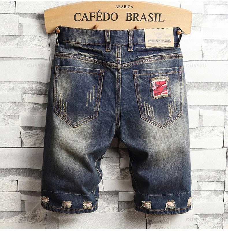 Brand Clothing New Summer Ripped Hole Denim Shorts Men Cotton Thin Straight Retro Biker Knee Length Short, Male Streetwear