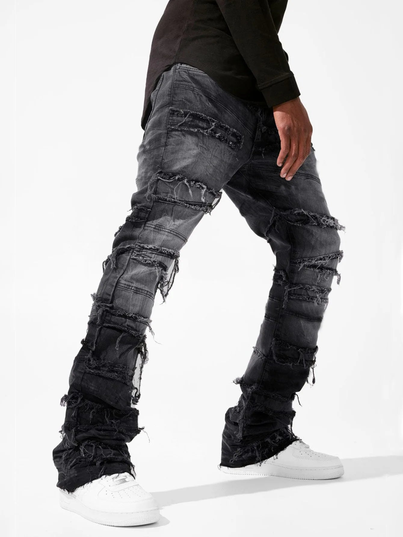 Straight Pant Men Jeans Denim Pants Slim Fit Irregular Folds Tassel Splice Simple Button Pocket High Street Trousers Spring