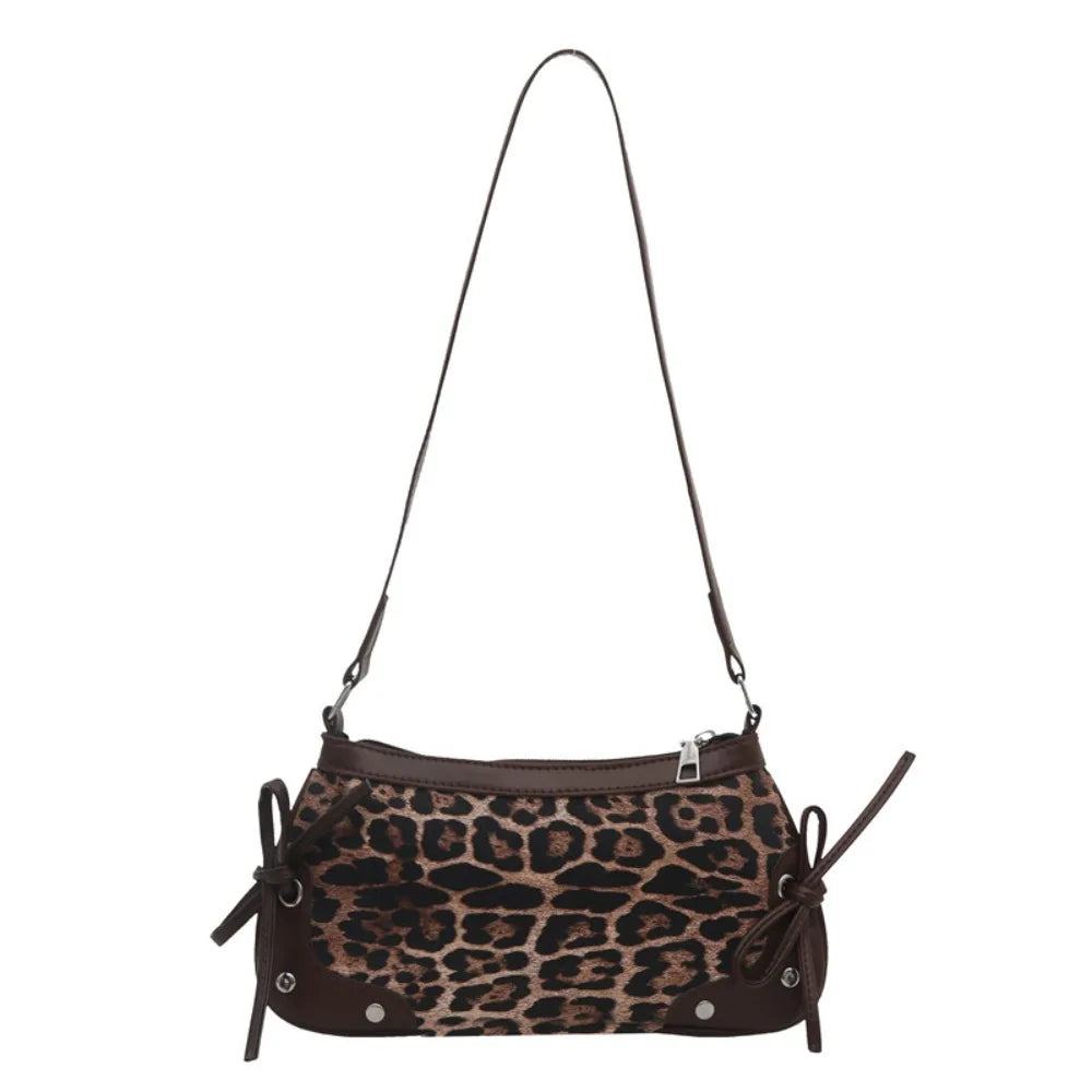 Retro Simple Double Bow Shoulder Bag Leopard Print PU Armpit Bag Women's Bag Women