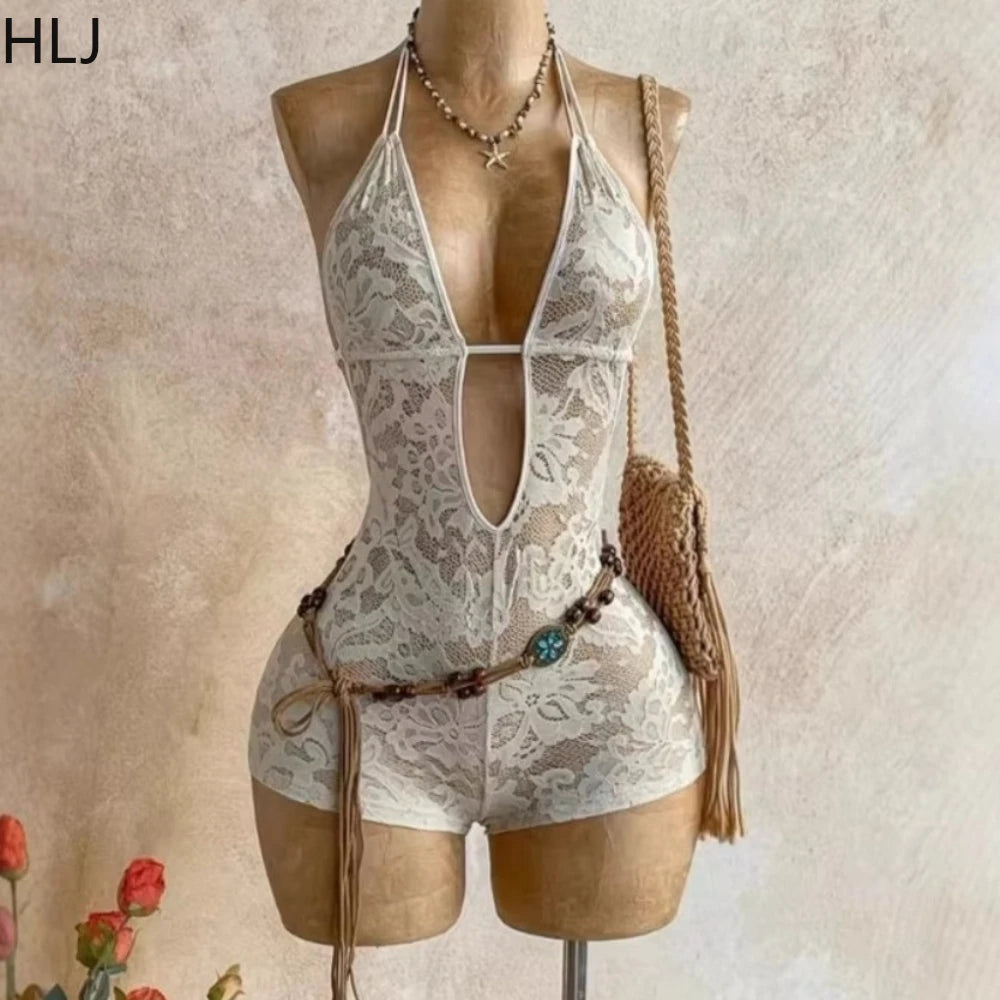 HLJ Summer New Sexy Lace See Through Patchwork Bodycon Rompers Woman Deep V-neck Backless Jumpsuits Female Streetwear Overalls