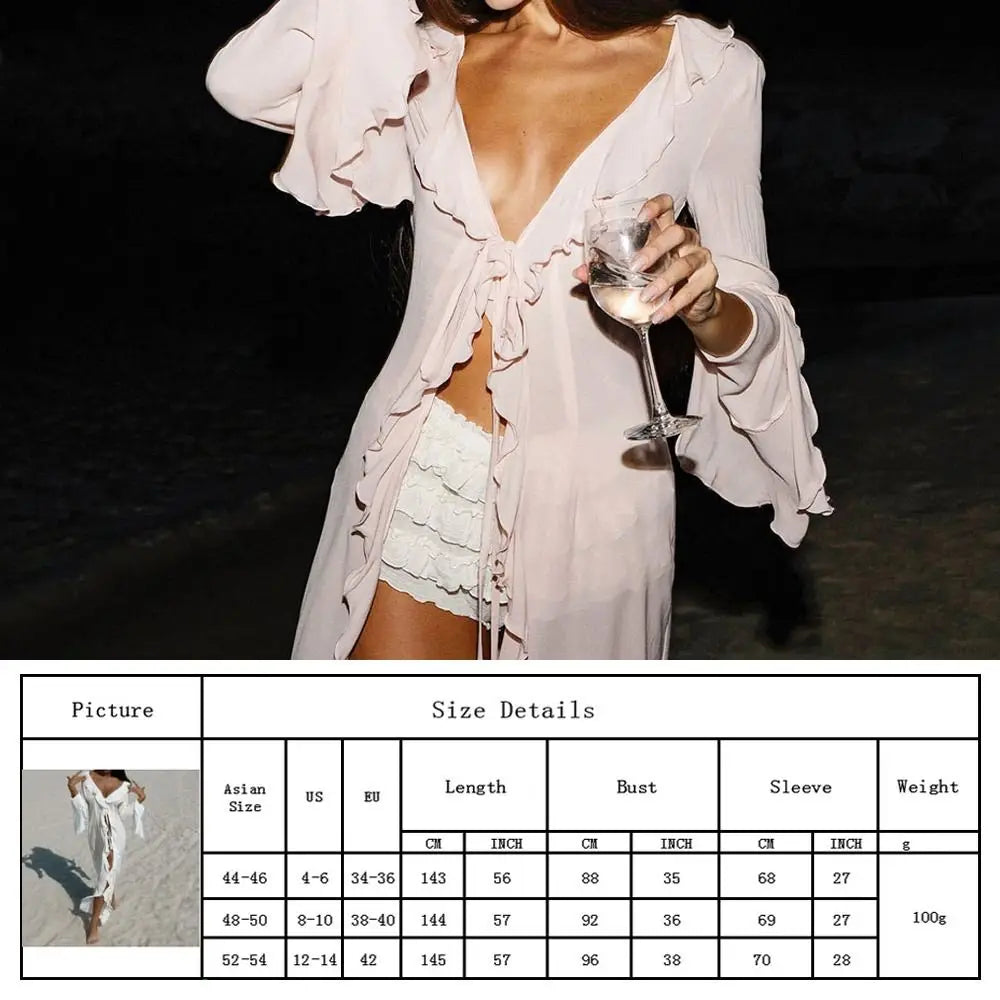 Fashion V Neck Summer Beach Cover Up Ruffled Loose Beach Dress Long Sleeve Vacation Swimsuit Cover Up Dress for Women