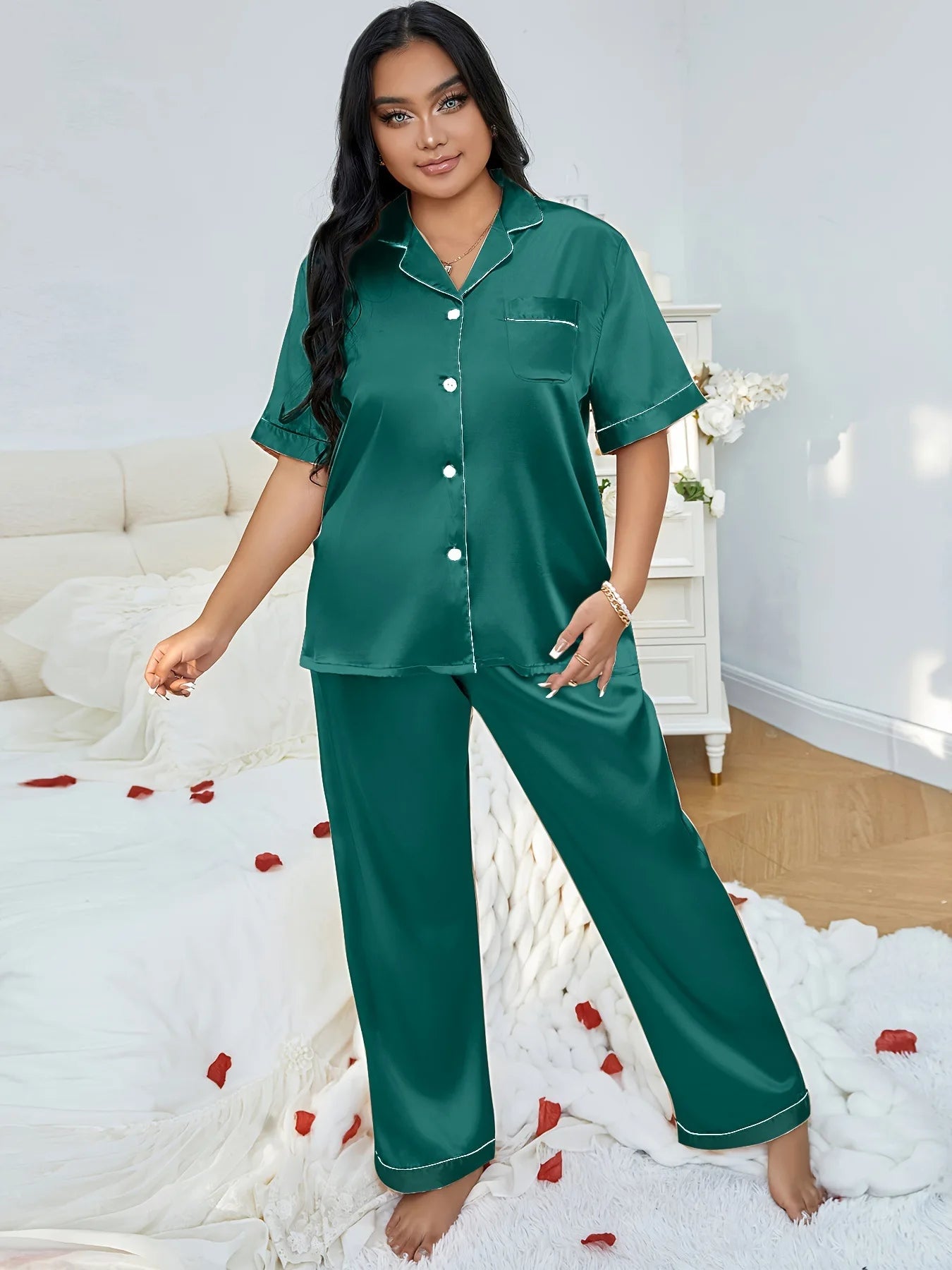 Plus Size 3XL 4XL 5XL Women's Sleepwear Pajamas Set Spring Summer Short Sleeve Trouser Suits Loungewear Loose Satin Homewear