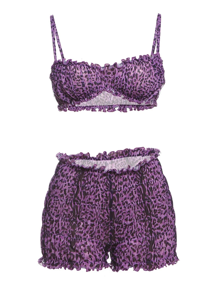 Weird Puss Leopard Print Women 2 Piece Set Sexy See Through Summer Ruffles Camisole+Shorts Vacation Matching Clubwear Outfits