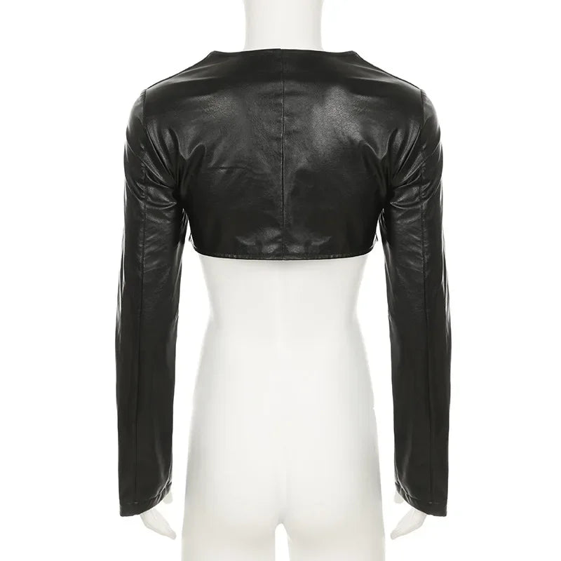 HLJ&GG Fashion Leather Long Sleeve Crop Jacket + Skinny Leopard Pants Two Piece Sets Y2K Cool Girl Outfits Women Sexy Streetwear