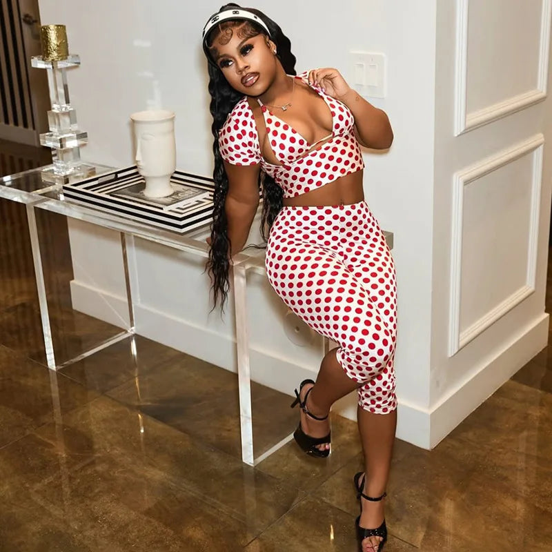 Sexy Polka Dot Summer Sets Women Halter Short Sleeve Bodycon Elegant 3 Piece Sets For Woman Outfit