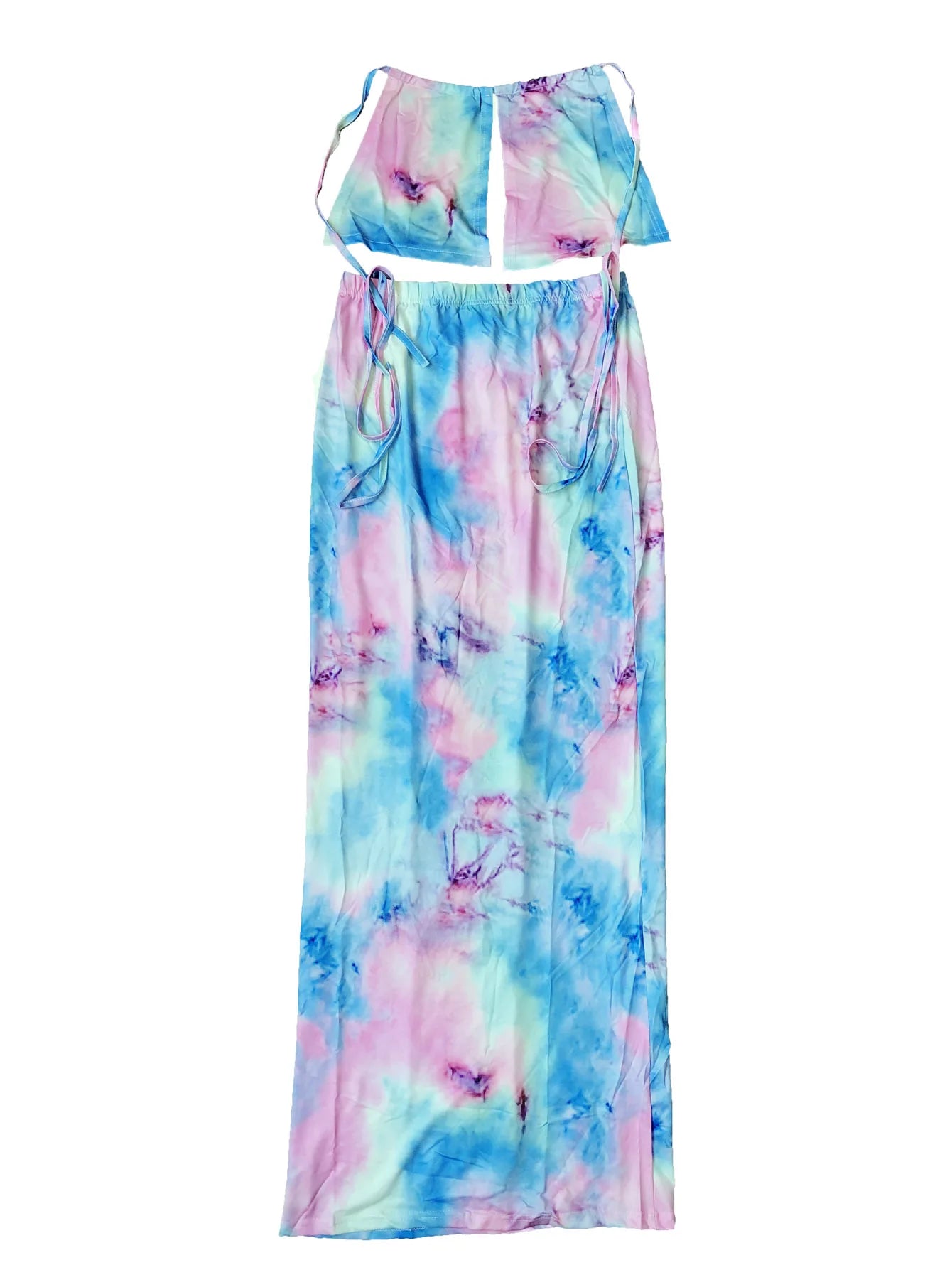 Tie Dye Sexy Two-piece Set, Halter Neck Tie Front Tank Top & High Waist Bodycon Maxi Skirts Set, Women's Clothing