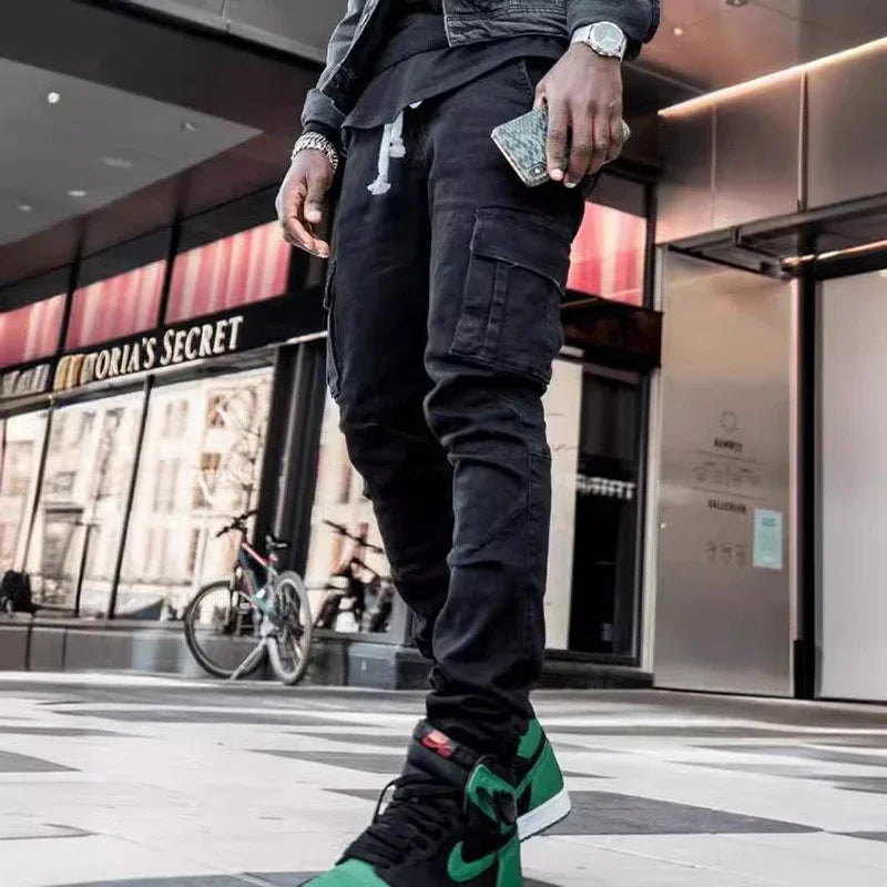 Men Street Elastic Denim Wash Solid Color Multi Pockets Cargo Pants Casual Slim Fit Daily Wear Joggers Mid Waist Trousers