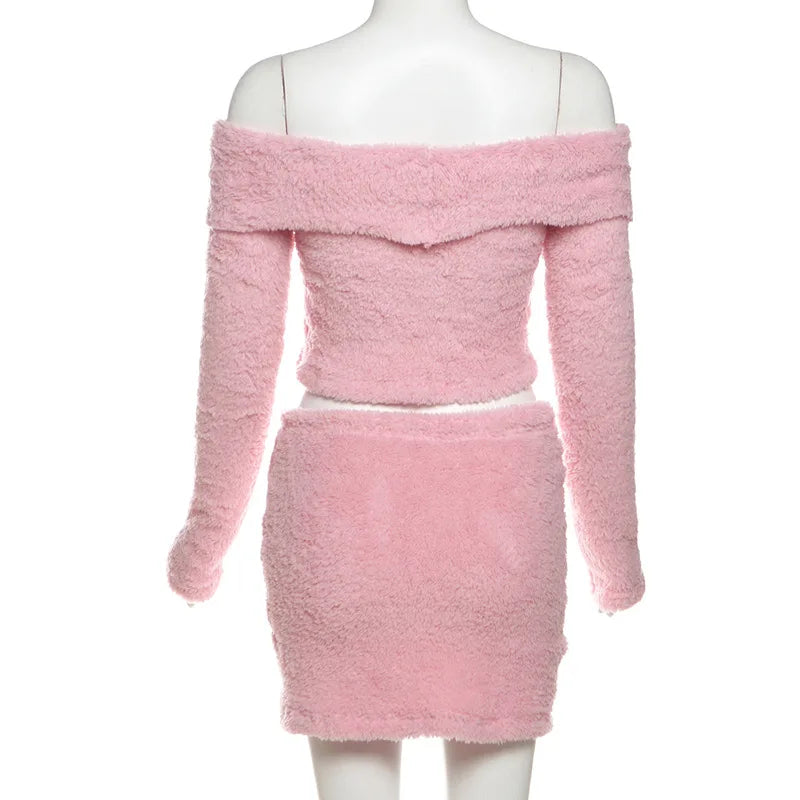 HLJ&GG Fashion Off Shoulder Fur Mini Skirts Two Piece Sets Women Long Sleeve Backless Slim Crop Top And Skirts Outfit Streetwear
