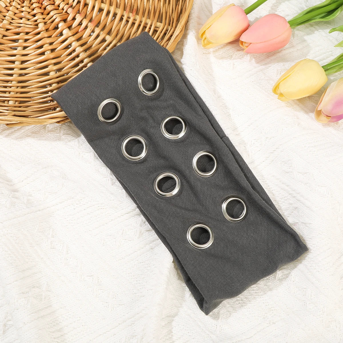 AWAYTR Punk Girl Fabric Hollow Elastic Headbands Metal Rock Personalized Hollow Eyelets Hair Band Casual Sports Grommet Headband