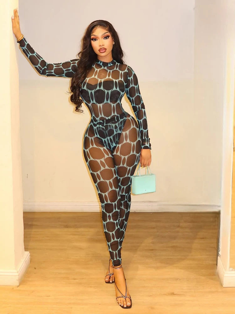 Kliou Mesh Patchwork 2 Piece Set Woman o-Neck Full Sleeve Bodysuits+Skinny Peach Hip Long Pants Midnight Club Party Sexy Suits