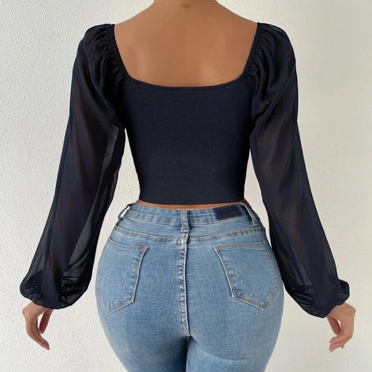Woman Chiffon Knit Tshirts Long Puff Sleeve Sexy Close-Fitting T-shirt Spring Autumn V-neck New Fashion Solid Simple Tops Tees