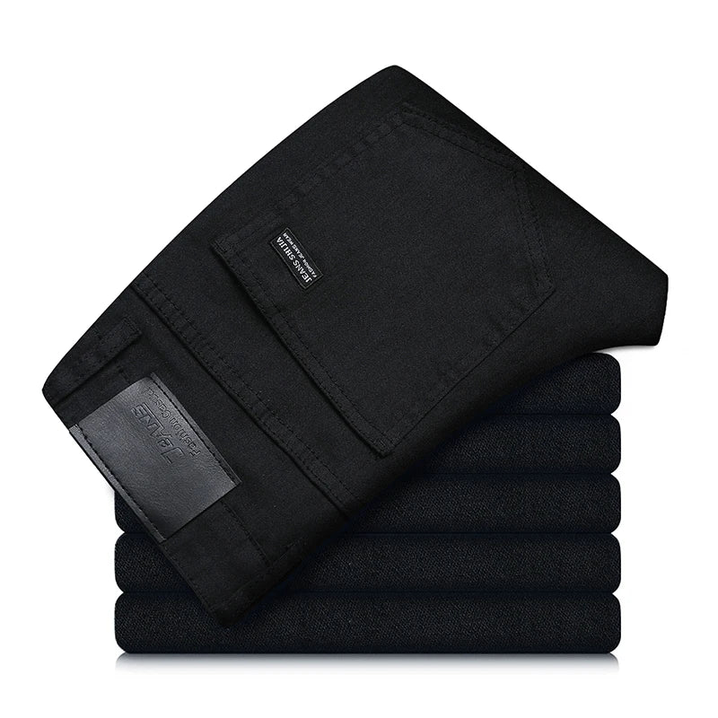 Men's pure black jeans Korean version trendy straight fit pants men's comfortable and elastic classic business denim