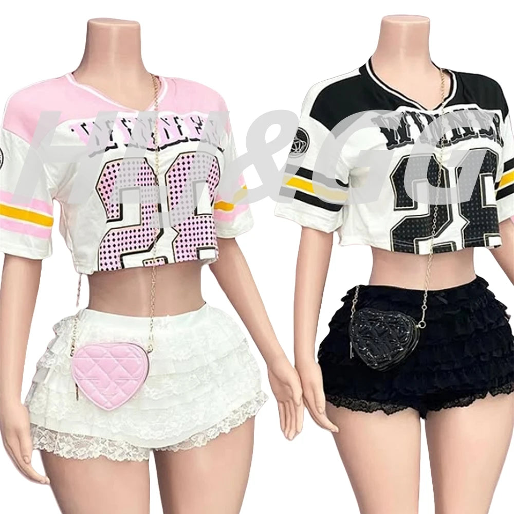 HLJ&GG Summer New Y2K Letter Print Two Piece Sets Women V Neck Short Sleeve Crop Top And Ruffle Skirts Shorts Outfits Streetwear