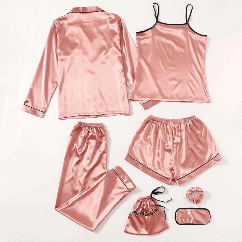 Women's Pajamas Set 7 Pieces Satin Sleepwear Pijama Silk Nightgown Suit Summer Women Home Clothing Printing Sleep Pyjama Femme