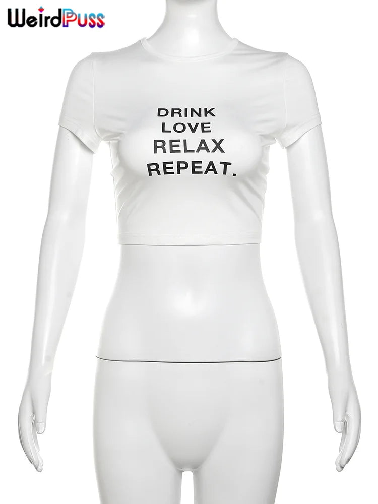 Weird Puss Casual T-Shirt Monogram Y2K  Women Shorts Sleeve Shirring Crop Tops Chic Hot Hot Girl Wild Streetwear Tees