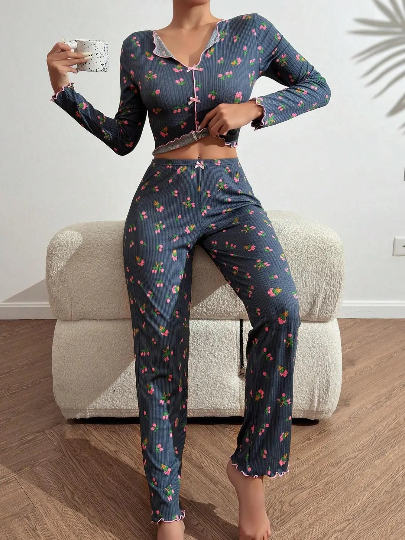 Autumn Winter Floral Print Pajamas Set for Women Sleepwear Long Sleeve Top and Long Pants 2 Piece Casual Homewear Loungewear