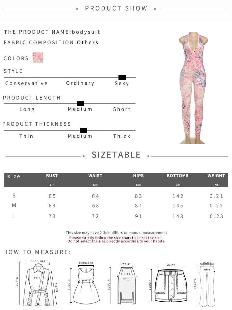 Weird Puss Colorful Print Jumpsuit Women Halter Deep v-Neck Sexy Backless Sleeveless Skinny Peach Hip Street Activity Overalls