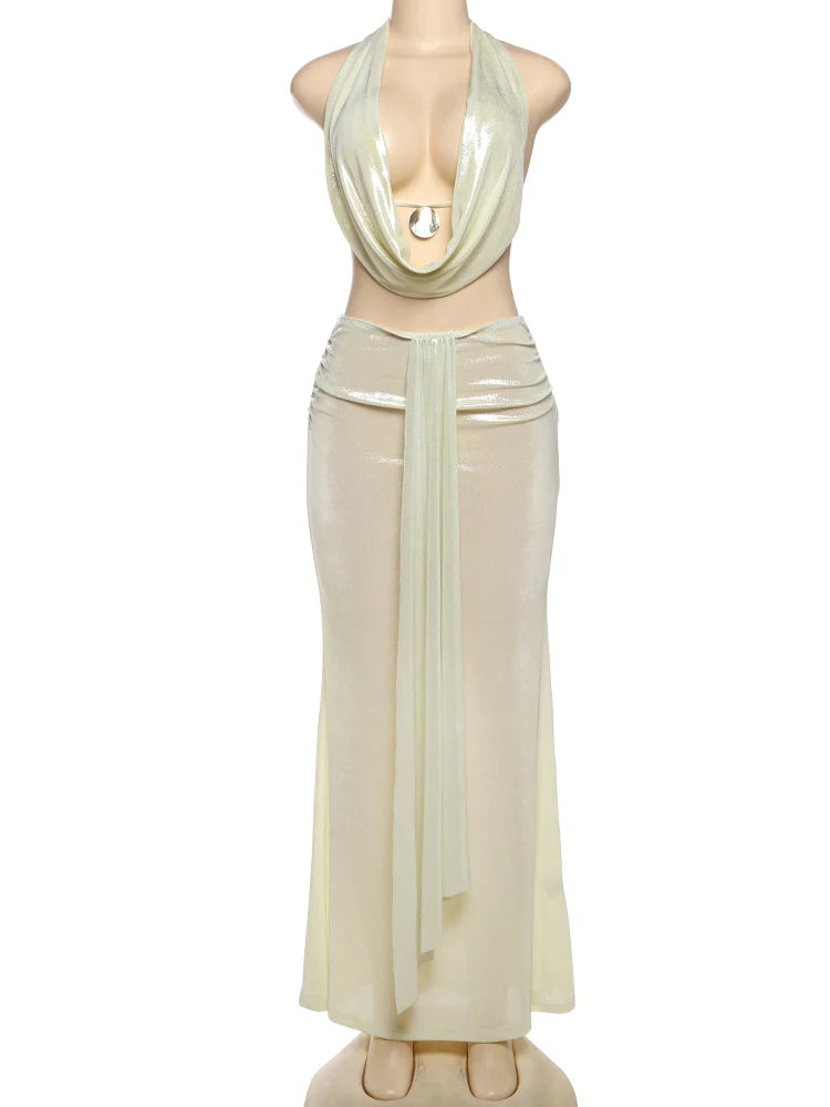 Weird Puss Thin Sexy Women 2 Piece Set Glitter Sheet Metal Backles Shalter Tank Tops+Ribbon Skirts Tight Vacation Matching Suits