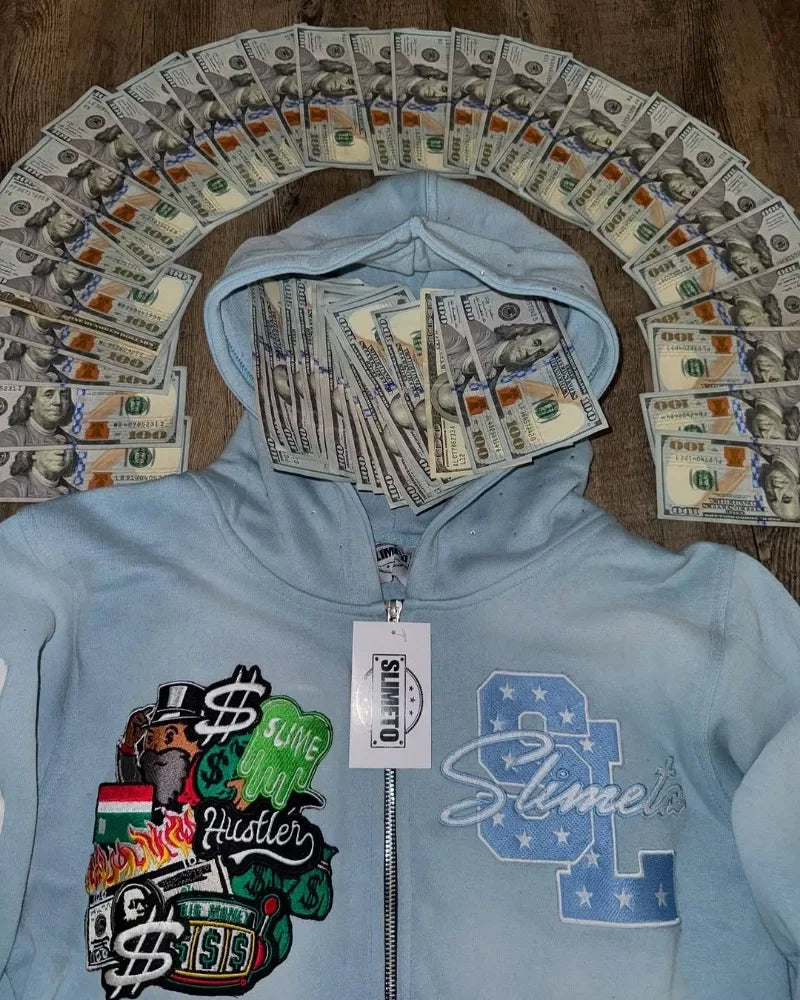 Harajuku Trend Brand Casual Loose Oversized Zipper Hoodie Men Y2k Gothic Retro Letter Flame Embroidered Sweatshirt Jacket Women