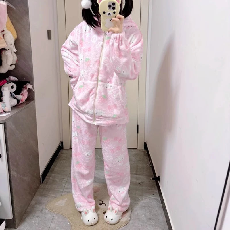 Japanese New Winter Sweet Cute Cartoon Rabbit Flannel Pajamas Set Daughter Girls Pink Thickened Loungewear Women's Sleepwear