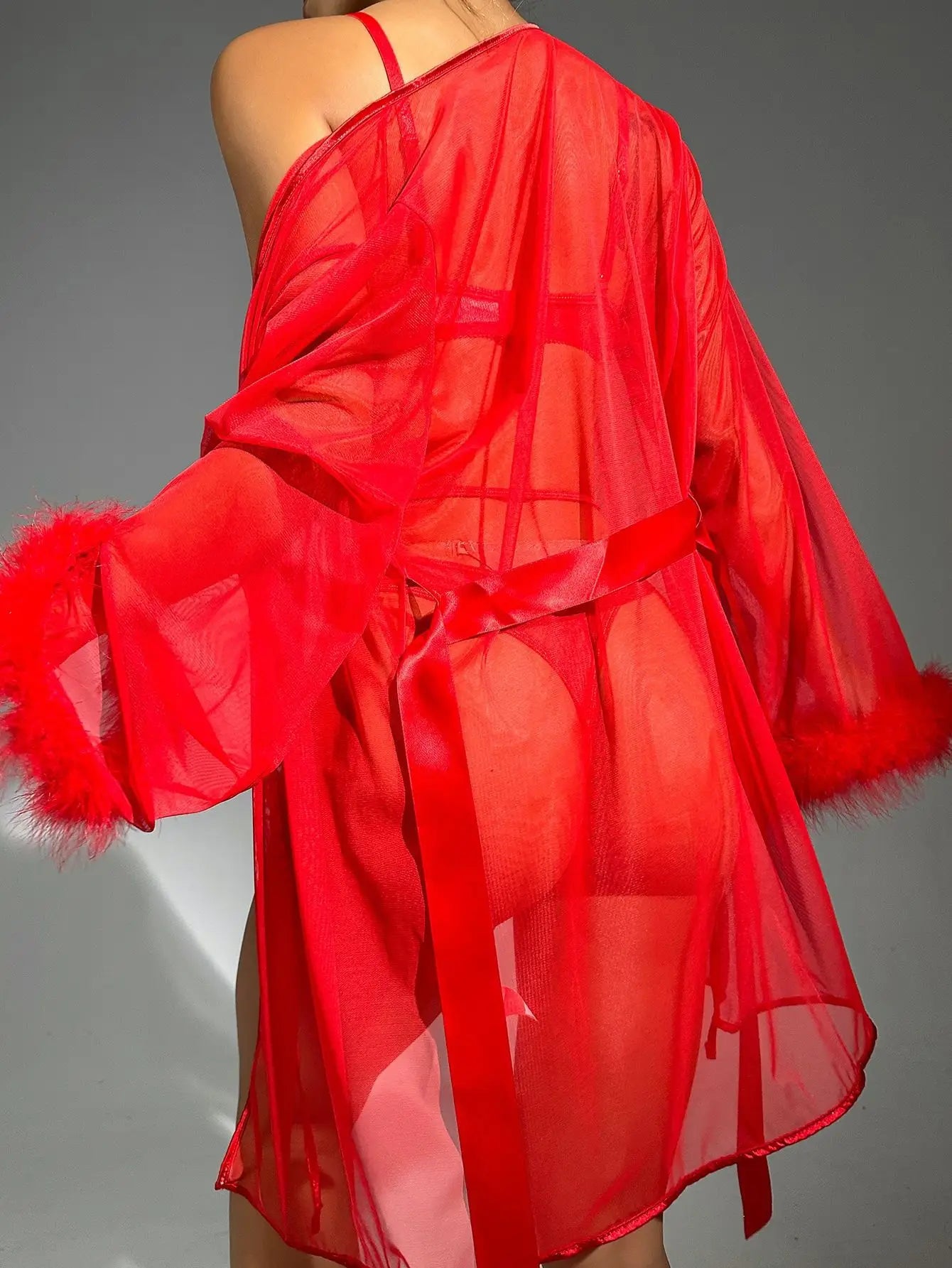 HLJ&GG Sexy Lace See Though 3 Pieces Home Nightgown Sets Women Bra + Thong + Feather Cuffs Long Sleeve Kimino Robe Outfits 2025