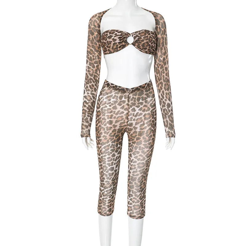 Weird Puss Sexy 3 Piece Set Women Leopard Print Mesh Full Sleeve Shawl+Bandage Metal Buckle Bra+Pants Street Trend Matching Suit