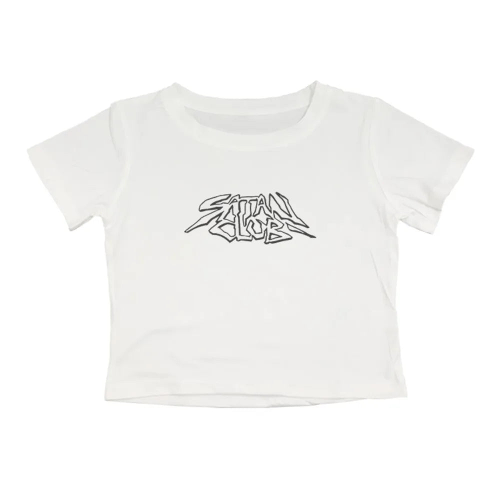 Harajuku Aesthetic Hip Hop Satan Club Graphic Print Y2K Letter Crop Tops SCFEM Tee Women Clothing Streetwear Short Sleeve Tshirt