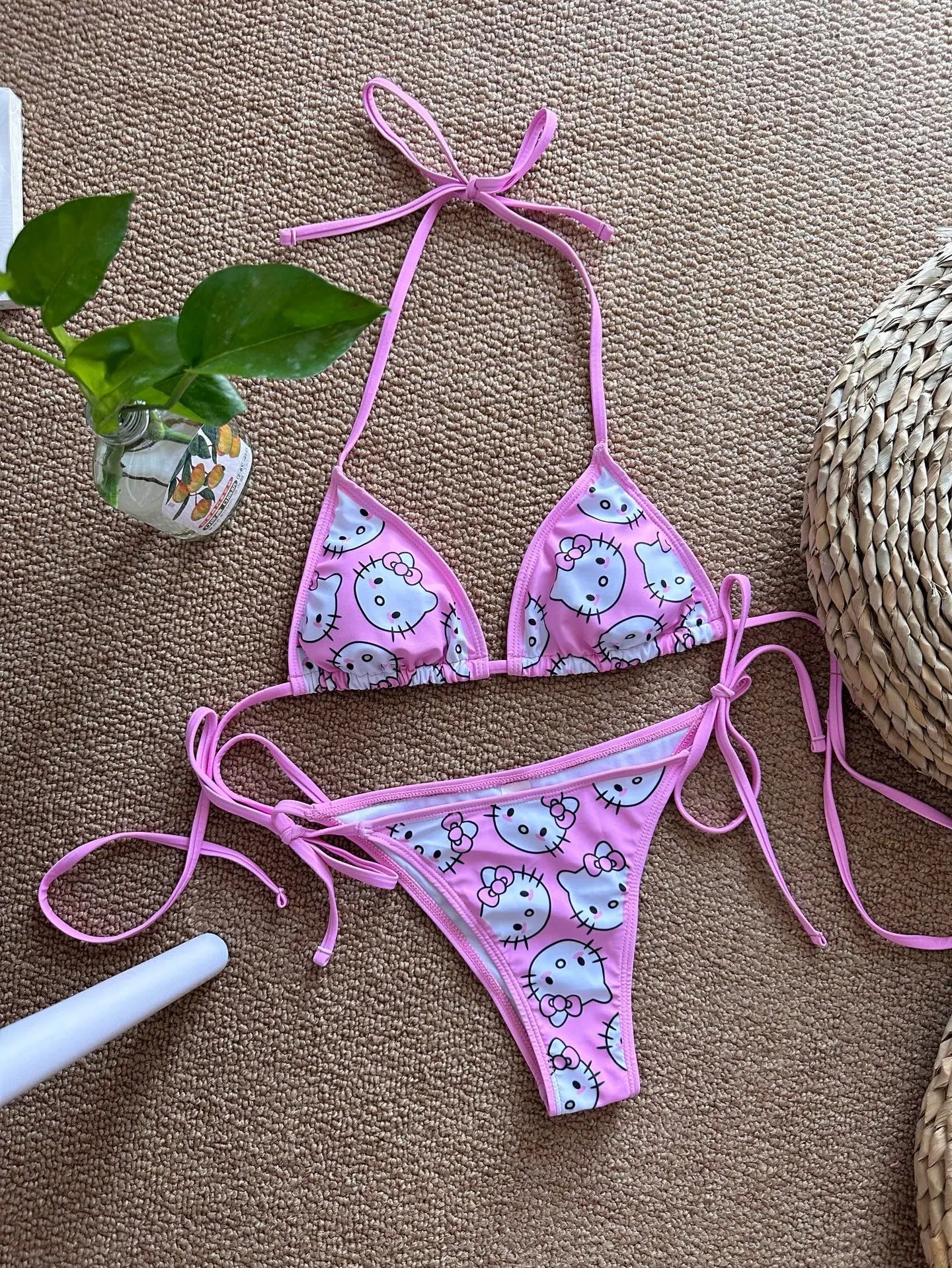 Sanrio Hello Kitty Kawaii Bikinis Set Cute Cartoon Anime Summer Beach Soft Side Strappy Panties Kawaii Swimsuit Sexy Bikini Y2k