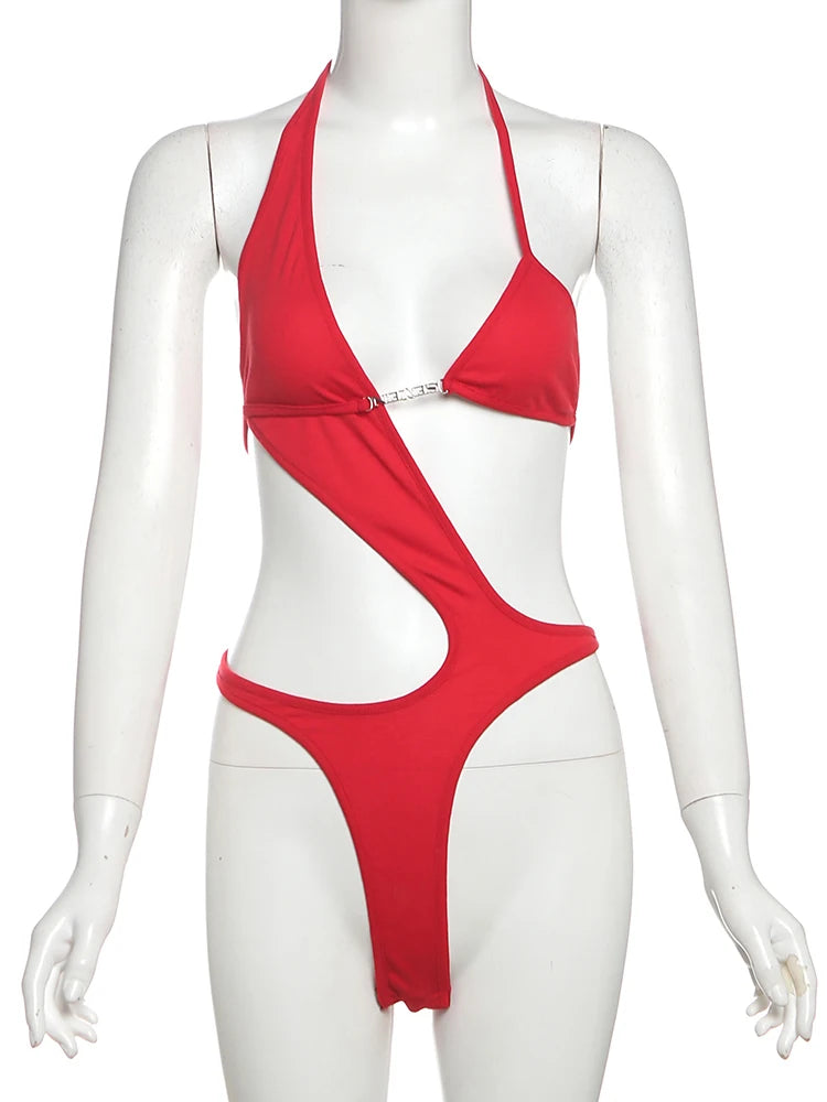 Weird Puss Sexy Bodysuit Women Asymmetry Halter Letter Chain Backless Waistless Hottie Skinny Stretch Street Clubwear Body Tops