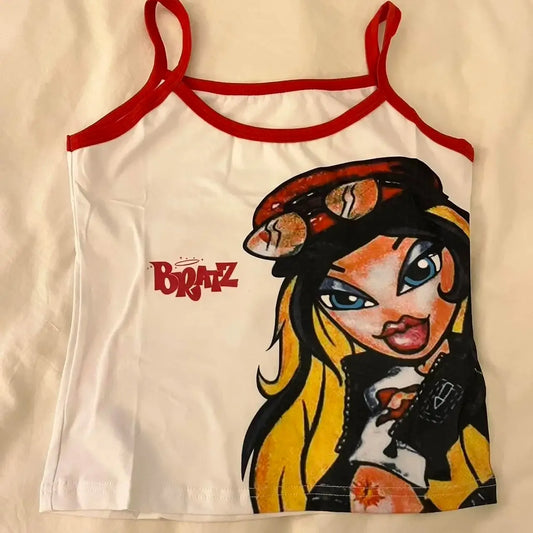 Y2K Clothes Cartoon print Slim Short Top Sexy Goth Vintage Street White Baby Tee Grunge Slim Crop Top Summer emo