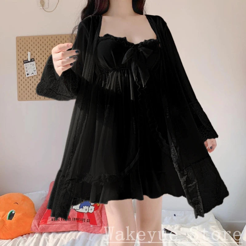Summer Sexy Pajamas with Breast Pads Female Lace Pajamas Robe Gown Set Sexy Sleepwear White Lace Night Gown  Lingerie for Women