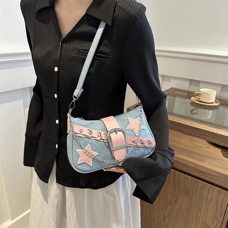 Fashion Women's Handbags Denim Stars Pattern Cool Girls Underarm Bag Female Small Shoulder Hobo Bags Chain Tote Bag