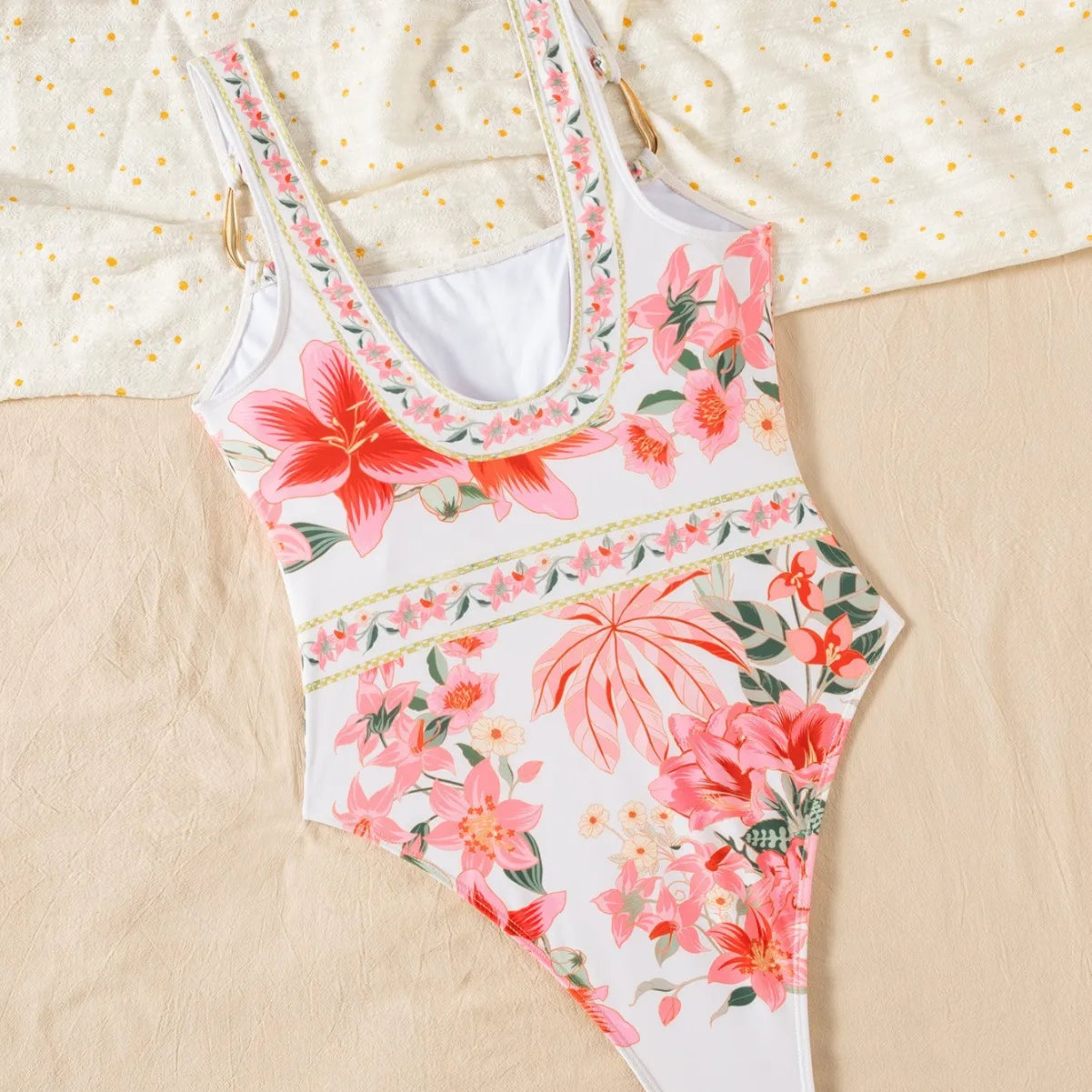 Pink Floral Print One-Piece Swimsuit Bikini Strap Sexy Beach Vacation Conservative Pure Desire Women's Casual Swimwear