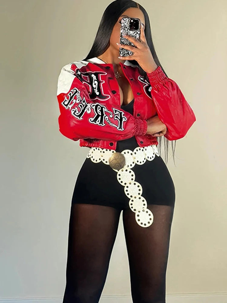 Weird Puss PU Patchwork Crop Jacket Woman Uniform Letter Print Full Sleeve Single-Breasted Cardigan Skinny Single-Button Coat