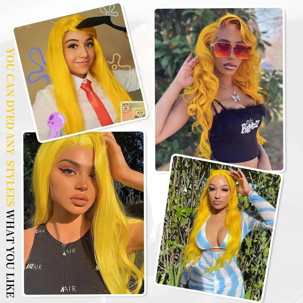 28 Inch Yellow Wig Human Hair Body Wave 13x6 HD Lace Frontal Wig Plucked 200% Density Colored  Lace Wig Water Wave For Women